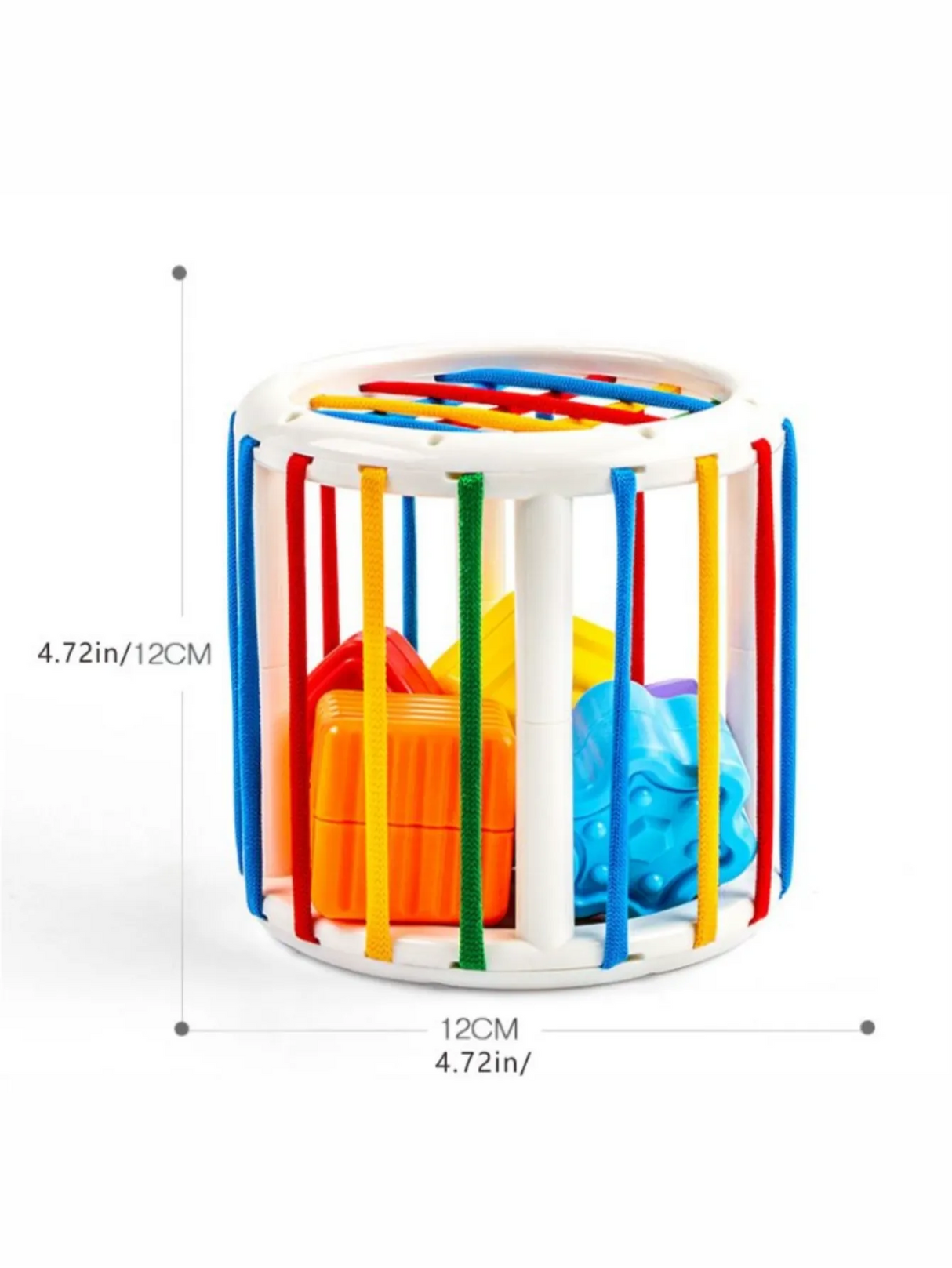 Colorful toy cube with geometric shapes.
