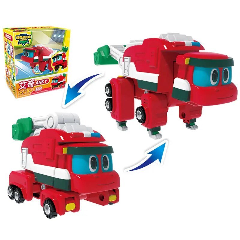 Red toy truck transforming into a robot with packaging in the background