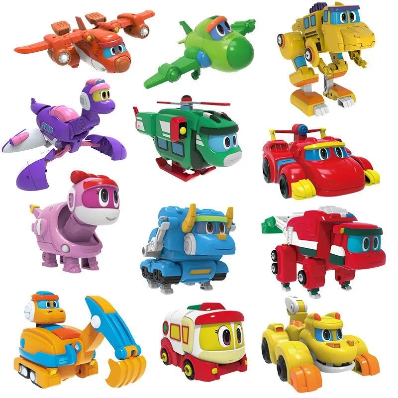 Collection of colorful toy vehicles in various forms.