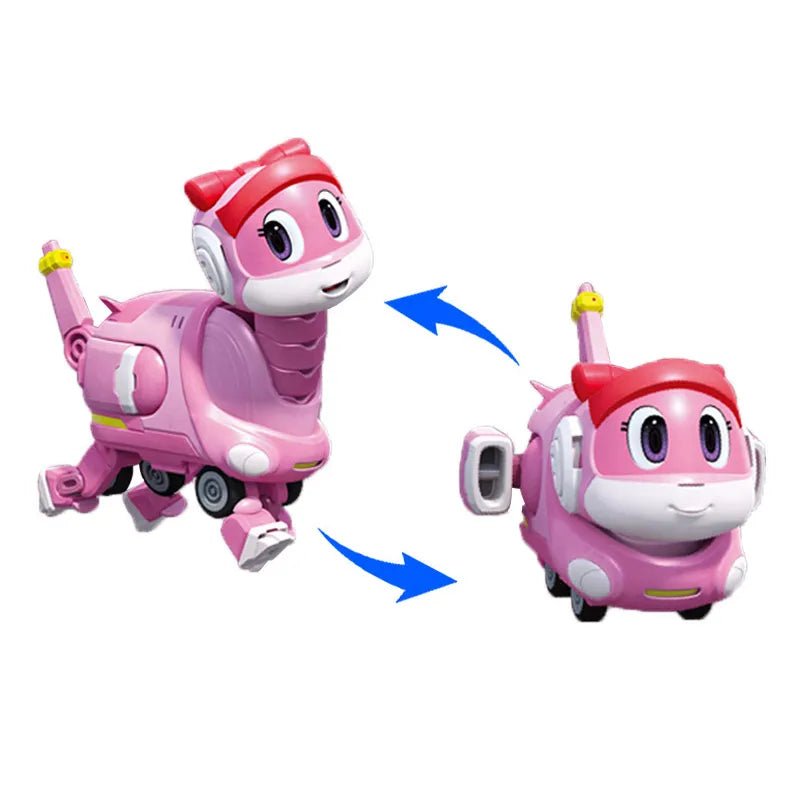 Pink robot toy transforming into a car with blue arrows indicating the transformation.