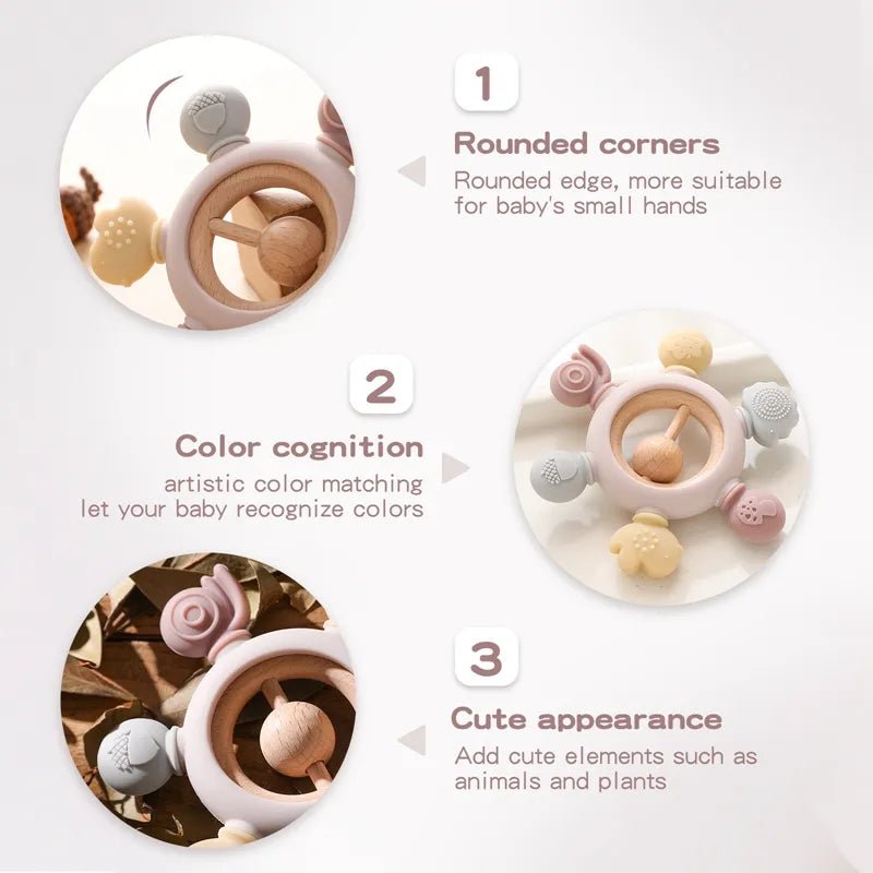 Baby teething ring with rounded corners, color cognition features, and cute appearance.