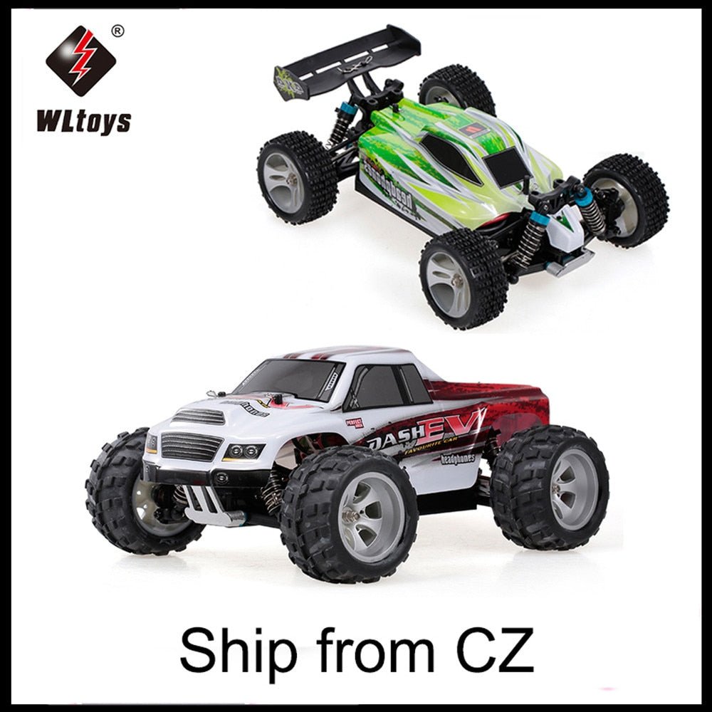Two remote control cars with WLtoys branding.