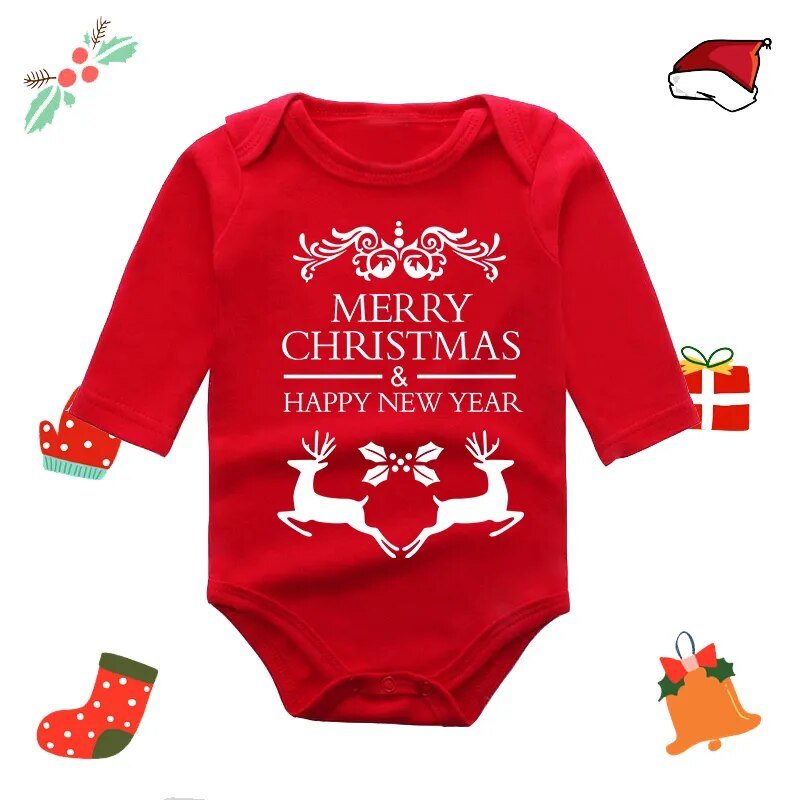 Red baby onesie with Christmas design and text