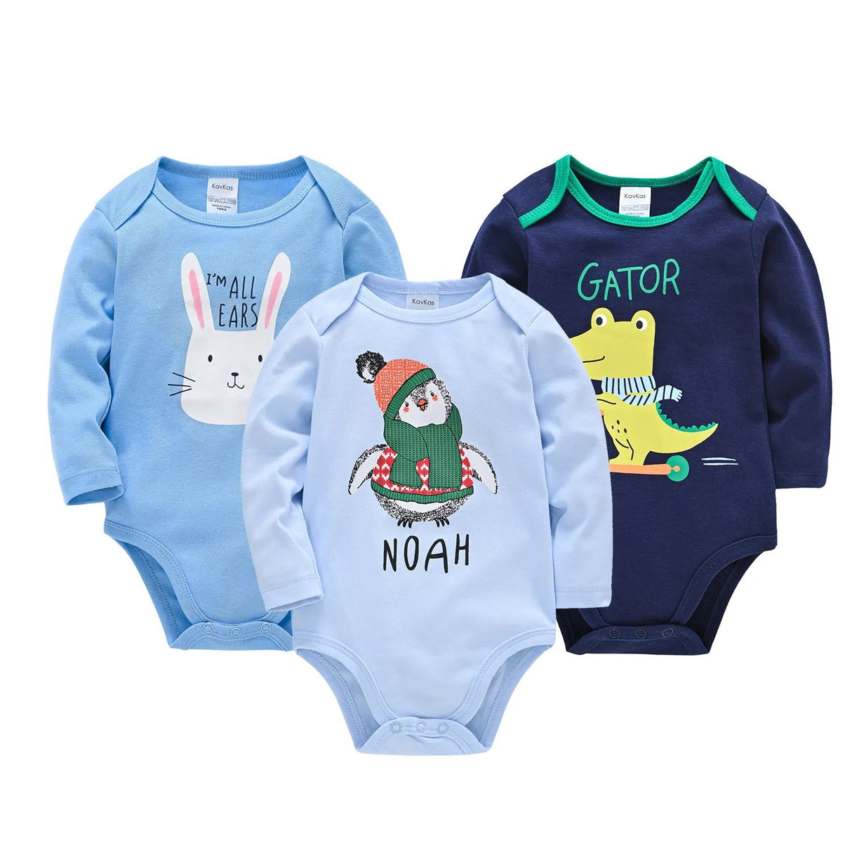 Three baby bodysuits with animal-themed designs