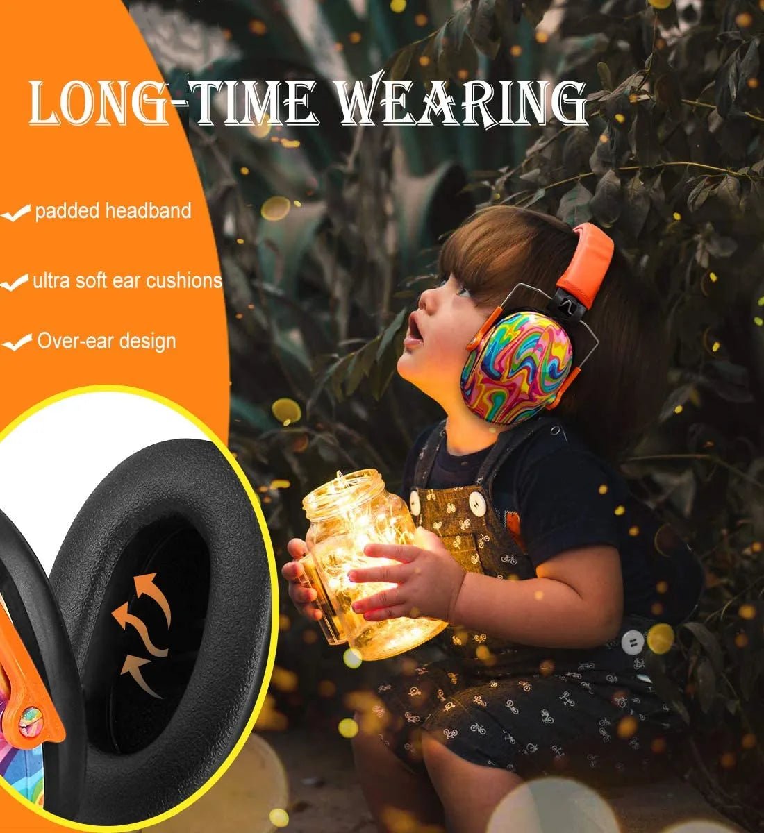 Child wearing colorful over-ear headphones with text highlighting features, surrounded by nature.