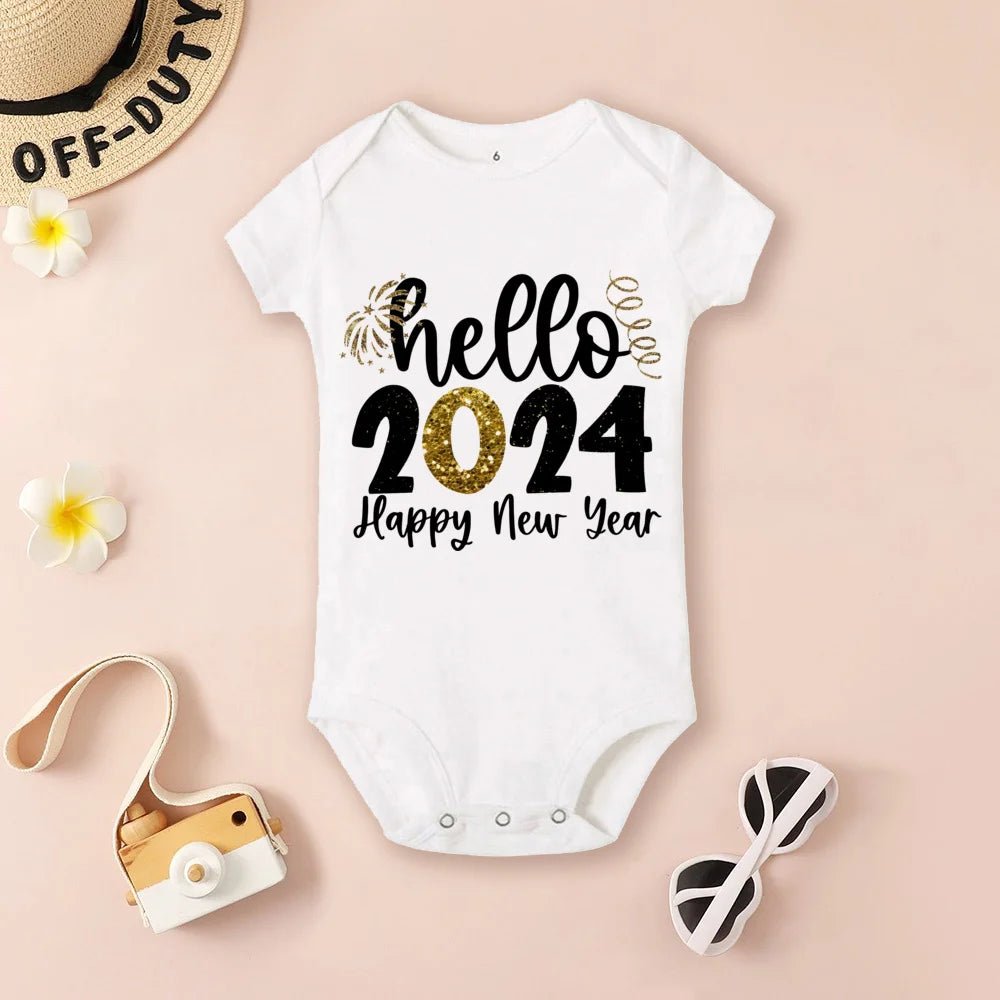 Baby onesie with 'hello 2024 Happy New Year'