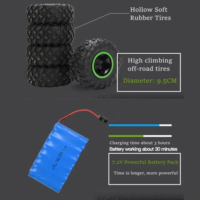 Off-road tires with specifications and a battery pack.