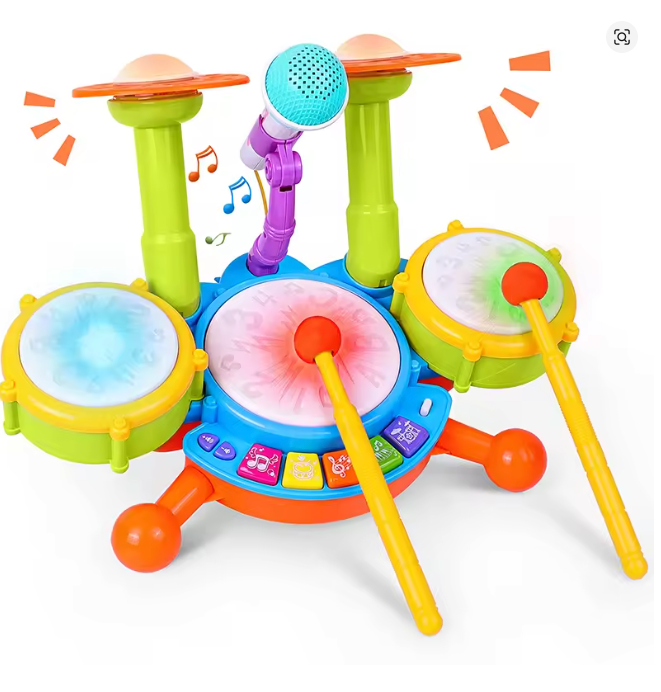 Colorful toy drum set with microphone.