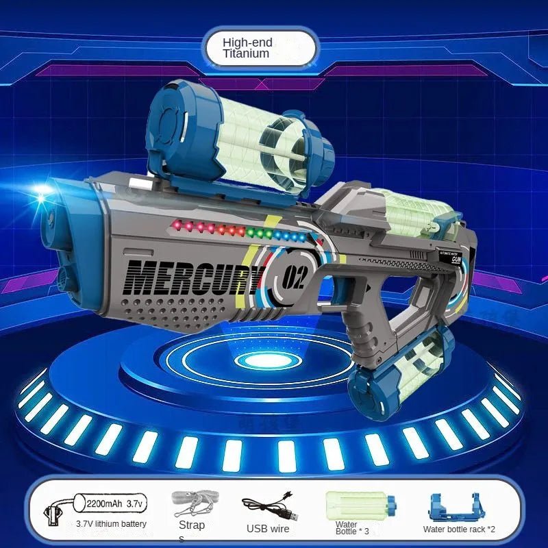 Futuristic toy gun labeled 'Mercury'.