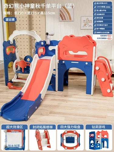 Children's playground slide set with blue and red colors on a wooden floor.