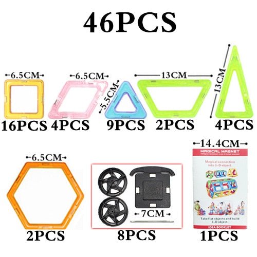 Set of colorful geometric rulers and magnetic components with packaging.