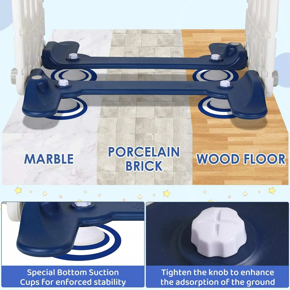 Floor cleaning machine with text indicating compatibility on marble, porcelain brick, and wood floors.