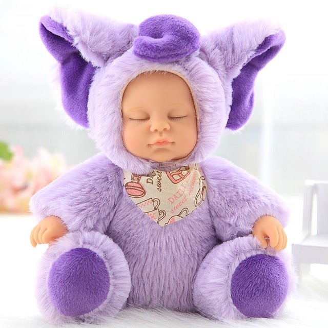 Baby doll in a purple costume with large ears