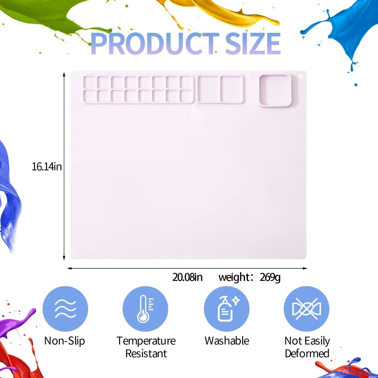 Product size chart with dimensions and features.