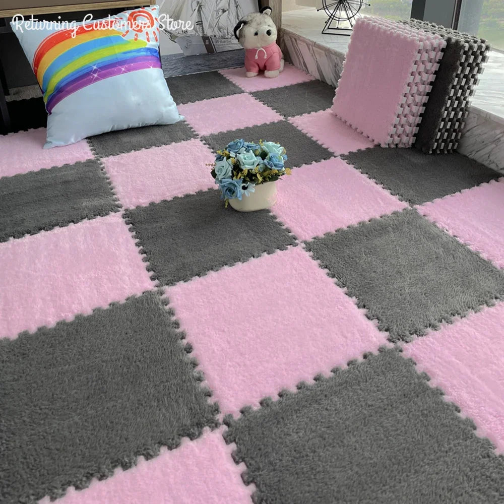 Pink and gray checkered foam mats in a room with decorative pillows and flowers.