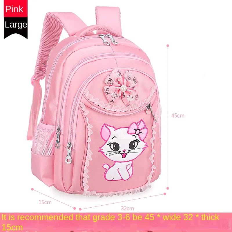 Pink backpack with cartoon cat design and measurements.