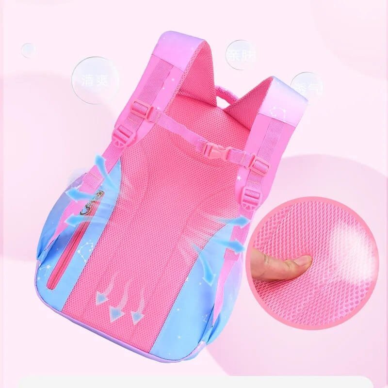Pink and blue children's backpack with a close-up of the mesh padding