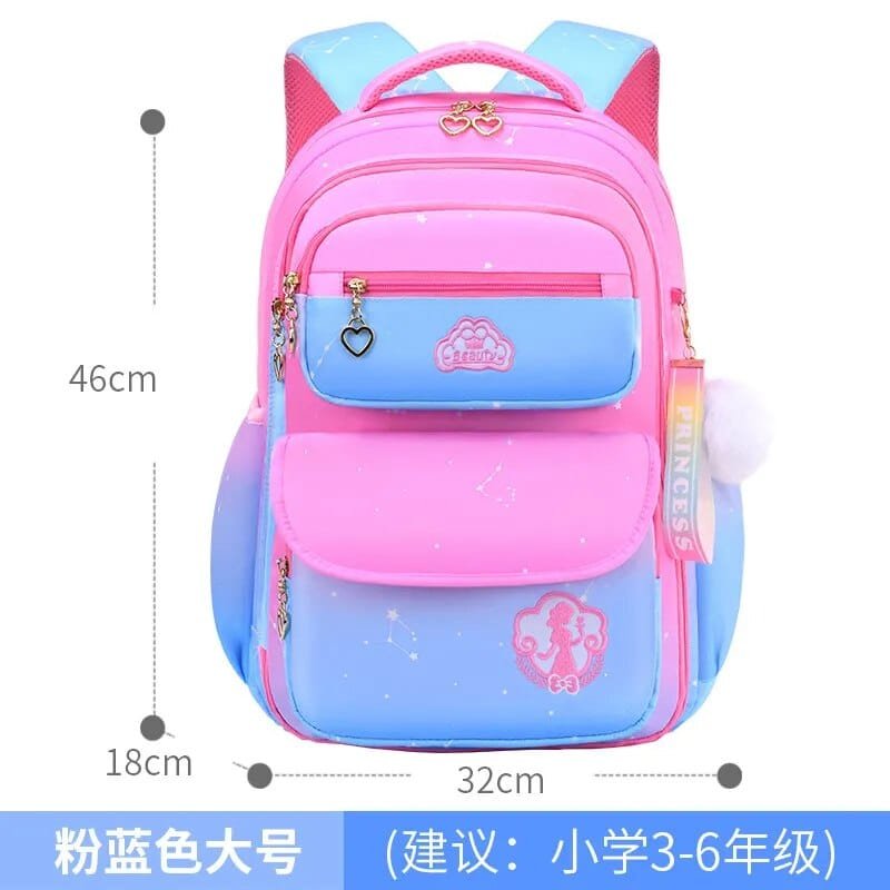 Pink and blue school backpack with measurements