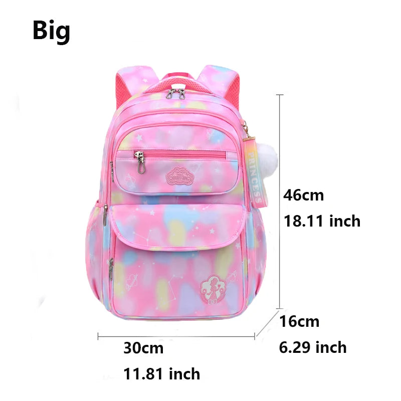 Pink and multicolored backpack with measurements.