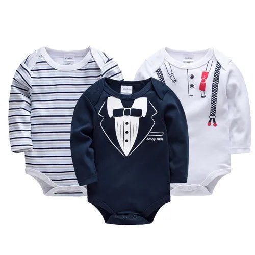 Three baby bodysuits with different designs