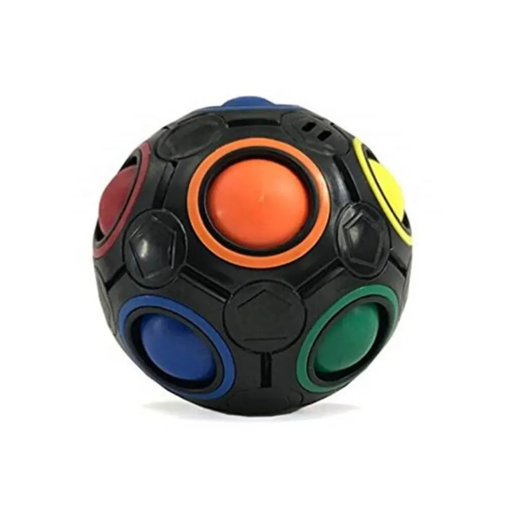 Black fidget cube with colored buttons.