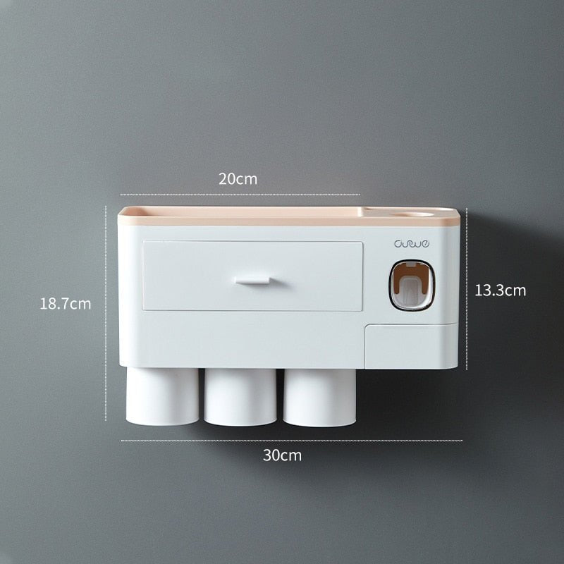 Wall-mounted toothbrush holder with dimensions on a gray background