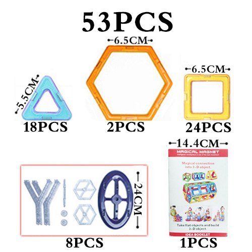 Set of magnetic building pieces with sizes and quantities indicated, including a colorful packaging box.