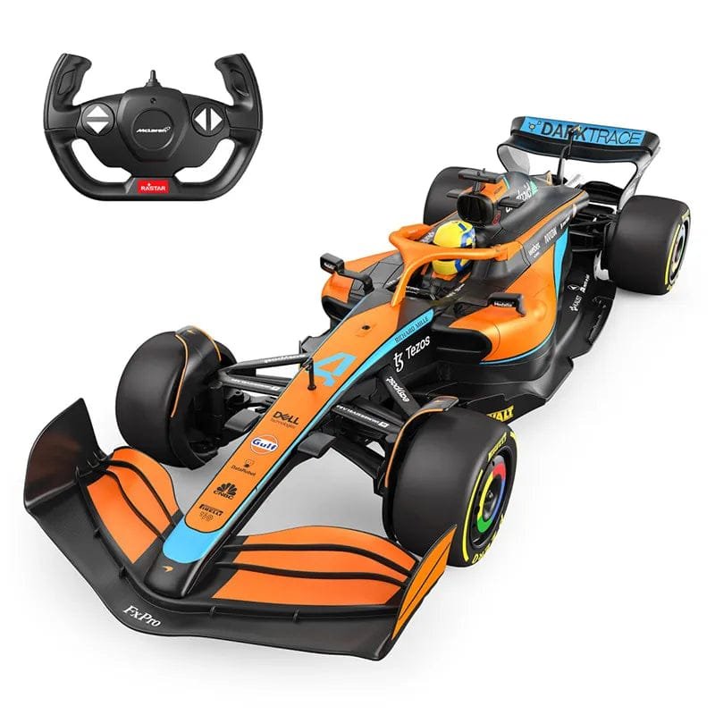 Orange and black racing car with steering wheel