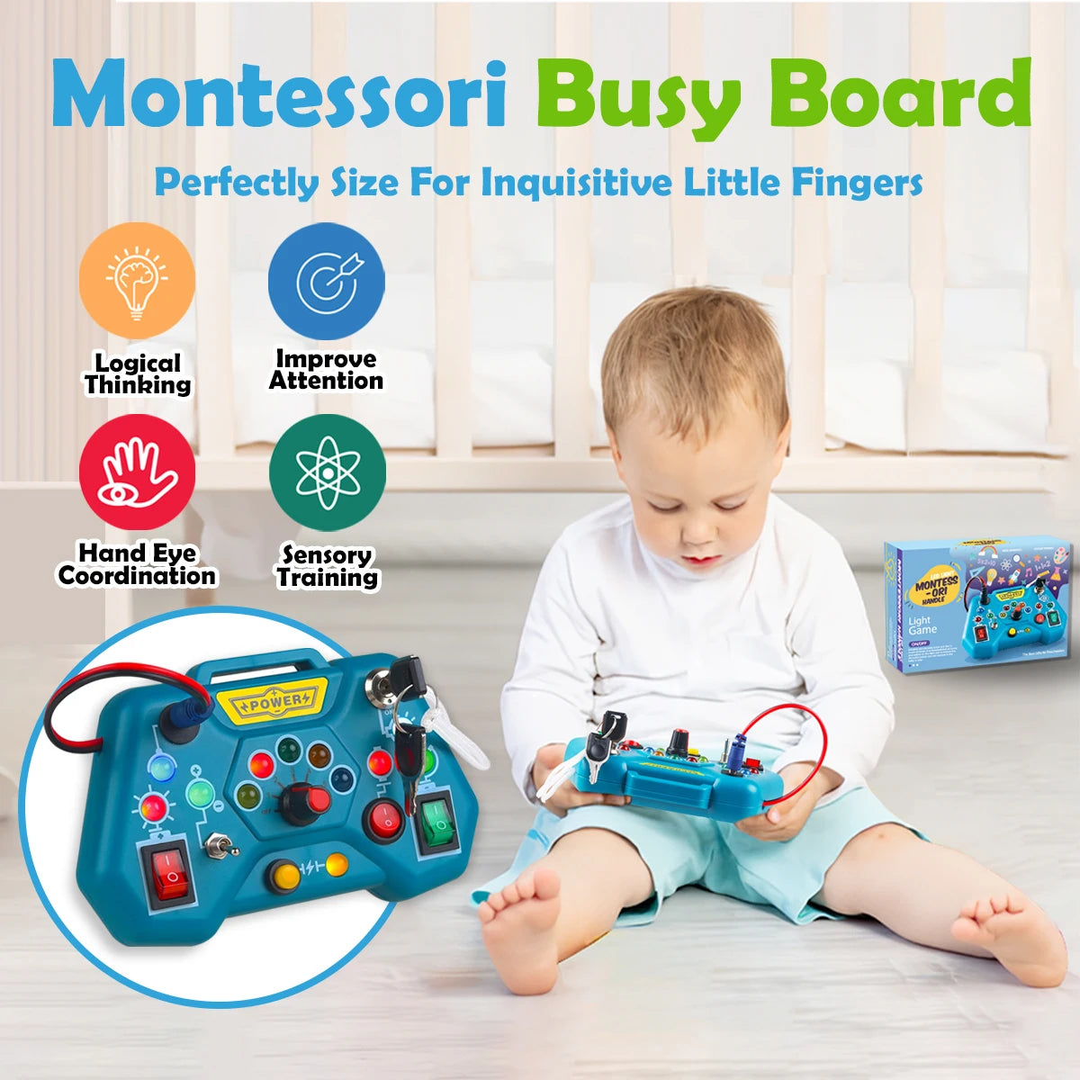 Child playing with a Montessori Busy Board toy.