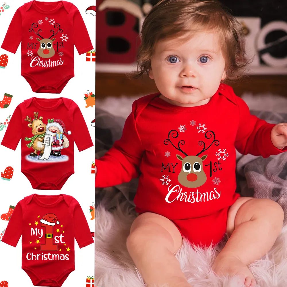 Red baby romper with Christmas designs