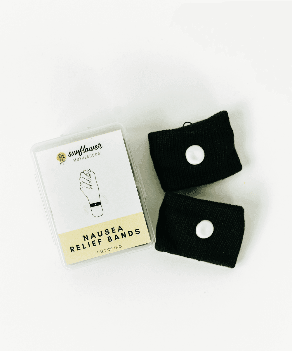 Black nausea relief bands with packaging.