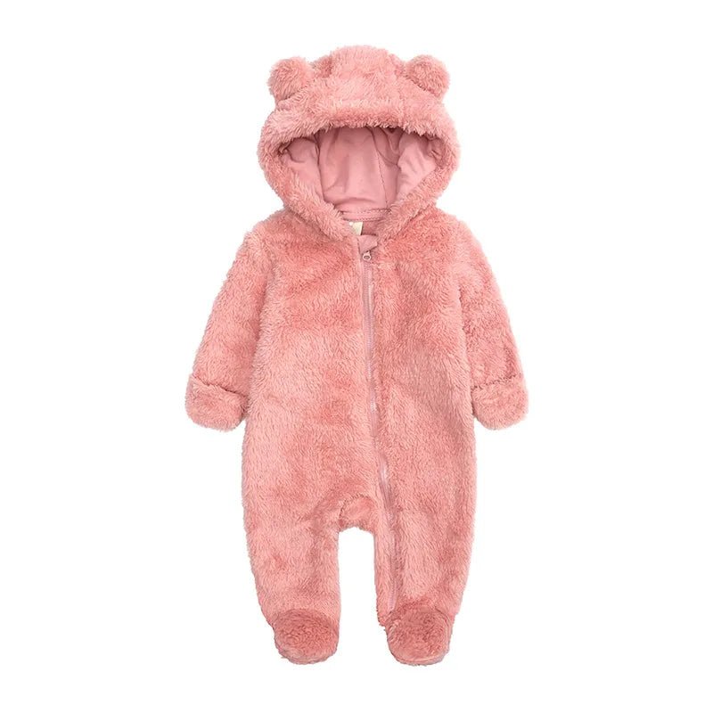 Pink fluffy baby snowsuit with bear ears
