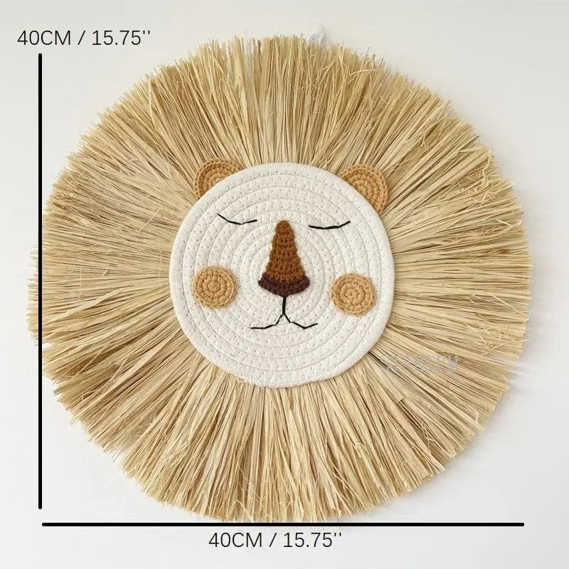 Round woven mat with lion face design and measurements.