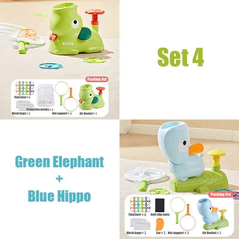 Two bath toys, a green elephant and a blue hippo, with packaging and accessories.