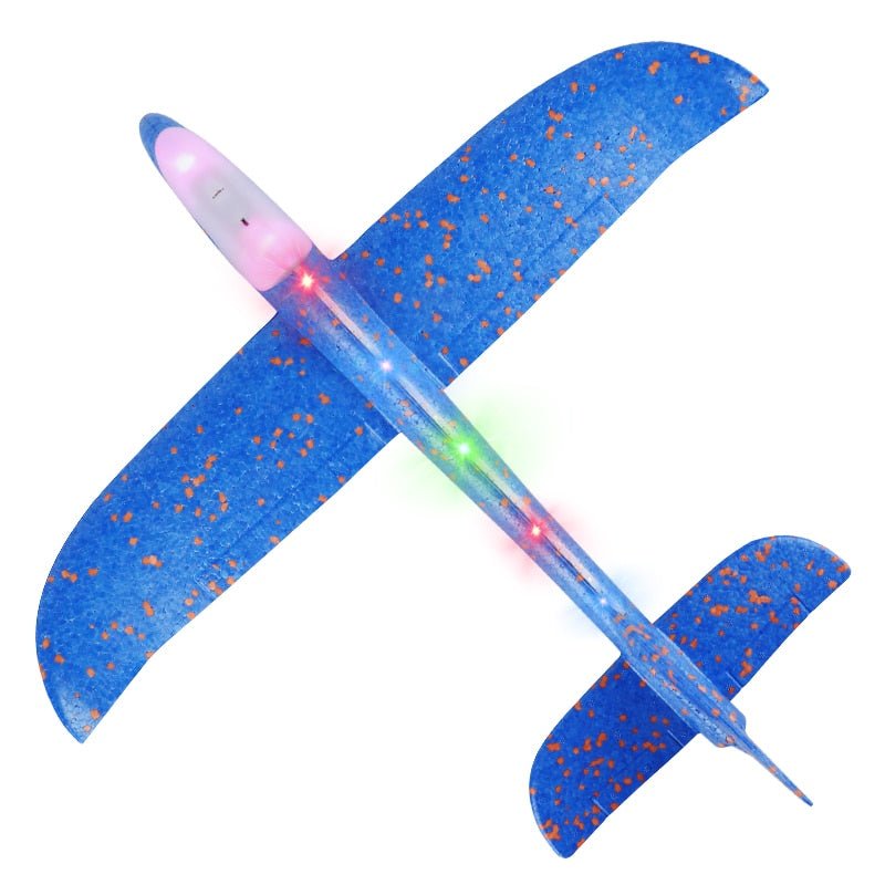 Blue airplane model with colorful lights.