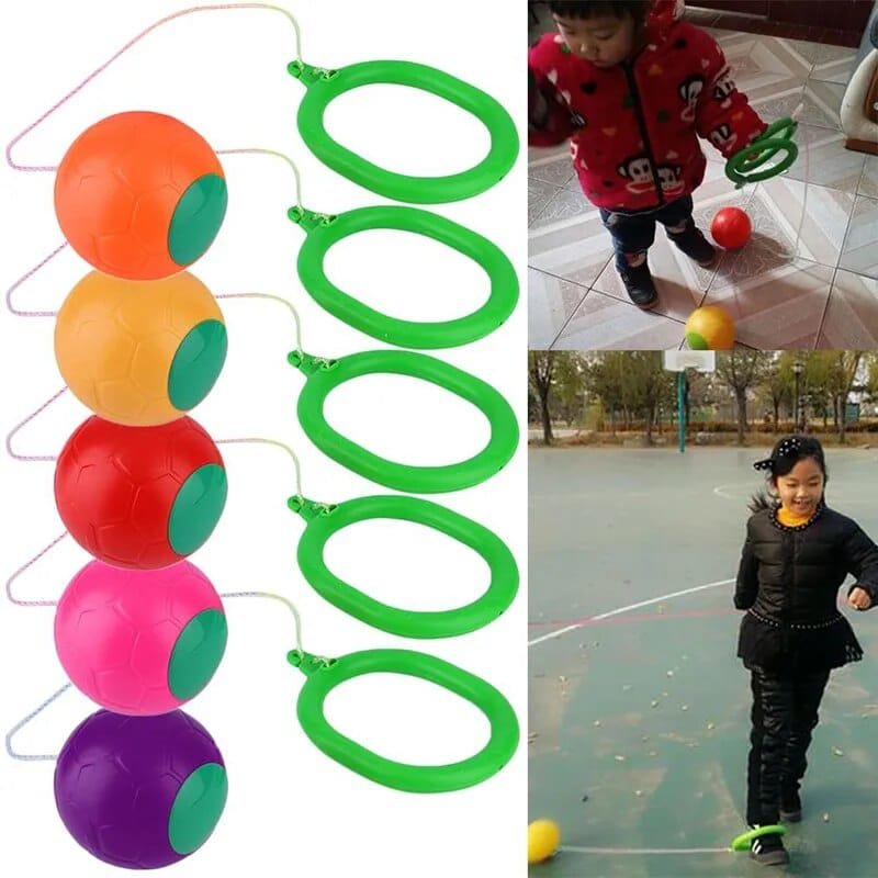Colorful ball and ring toy with children playing outdoors.