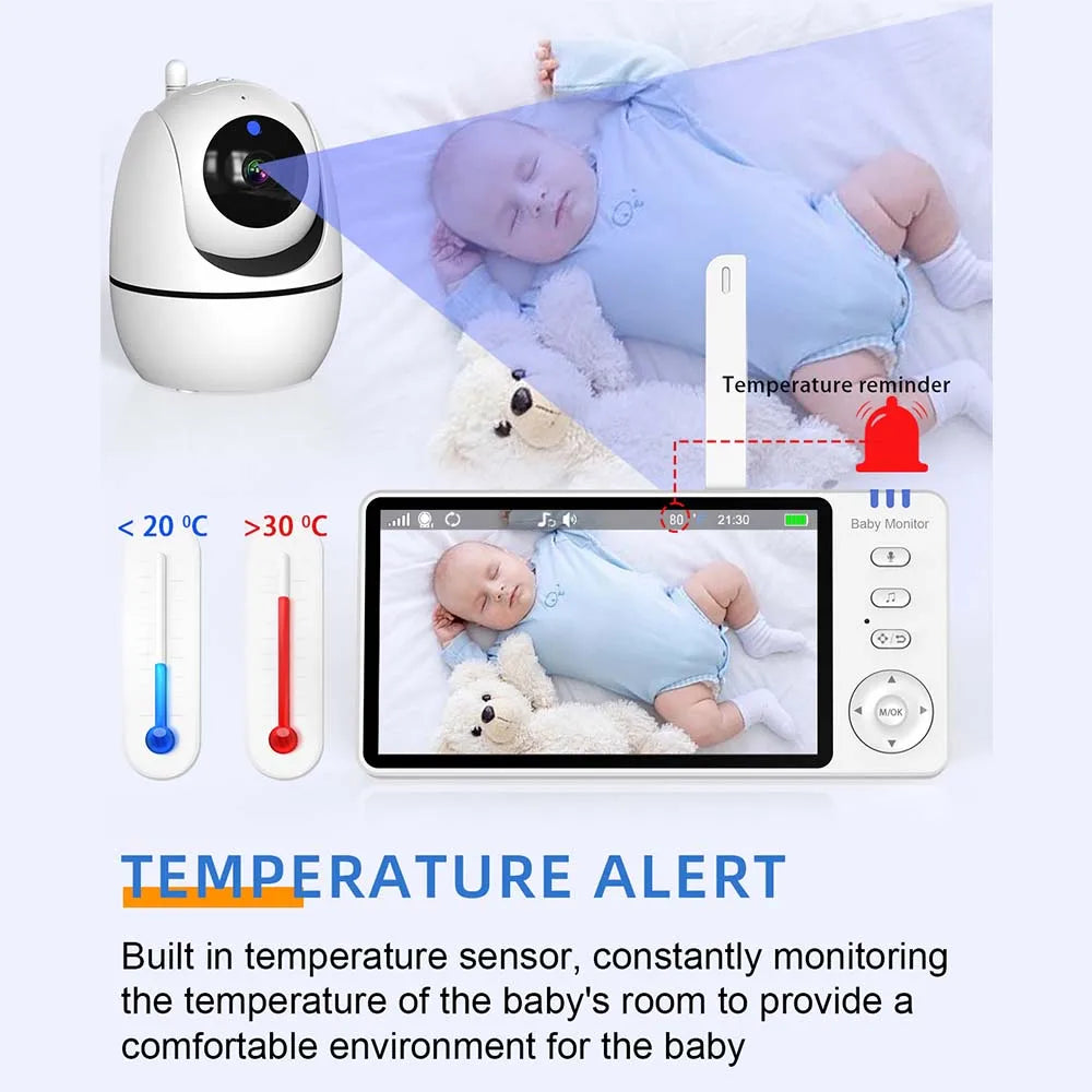 Baby monitor with temperature sensor and display, showing a baby and a dog in a room.
