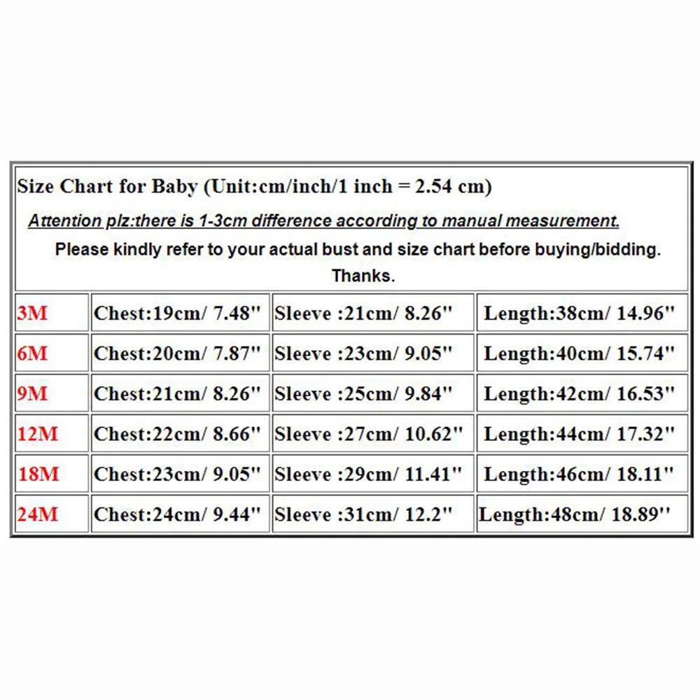 Size chart for baby clothing in centimeters and inches