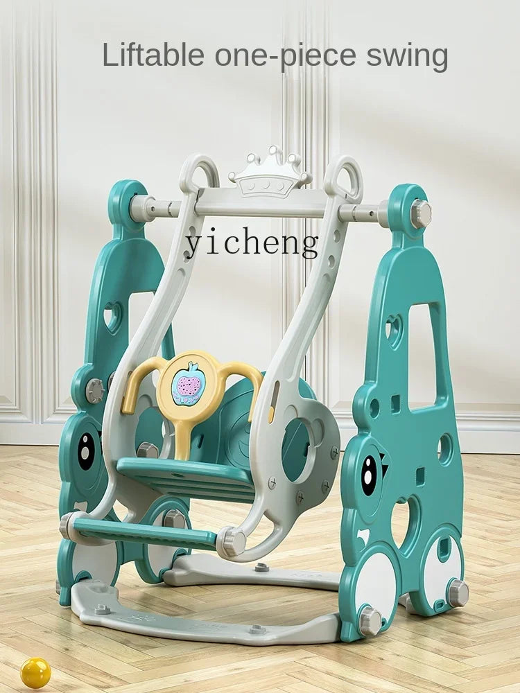 Children's liftable one-piece swing with cartoon design on a wooden floor.