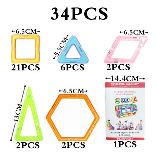 Set of colorful magnetic building frames with dimensions and packaging.