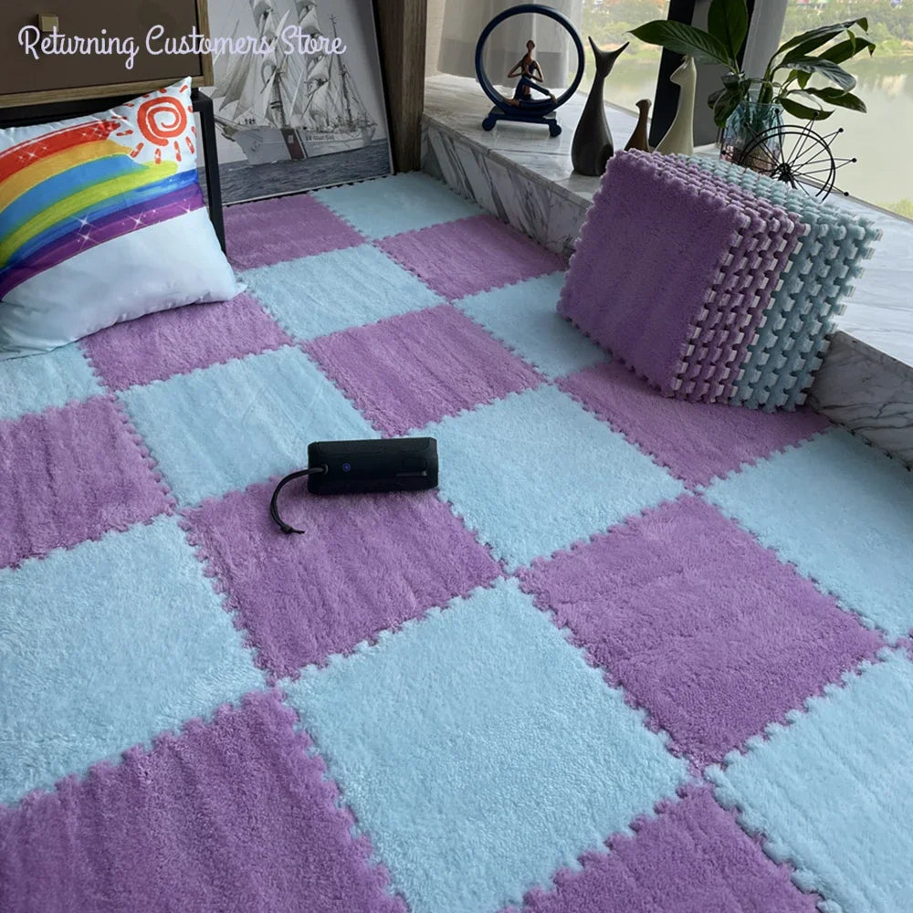 Checkered pink and blue rug with a pillow and small table in a room.