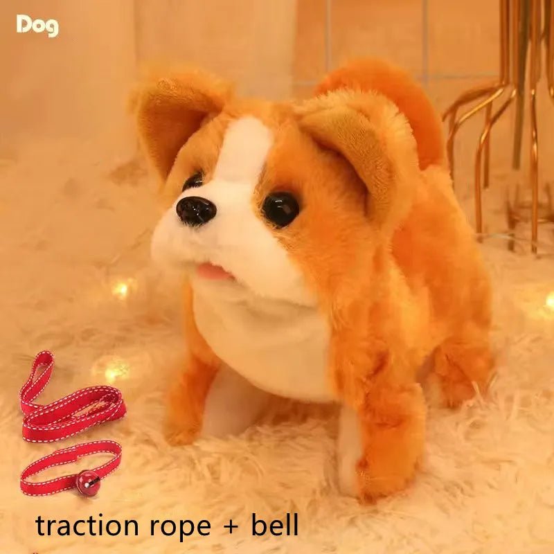 Plush dog toy with a pink traction rope and bell on a soft surface.
