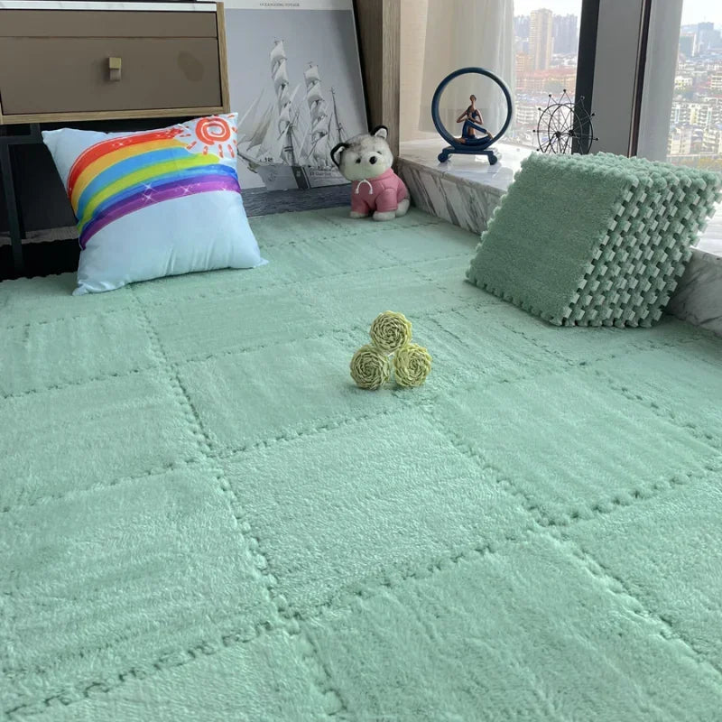 Light green textured rug with decorative pillows and a small toy on a carpeted floor.