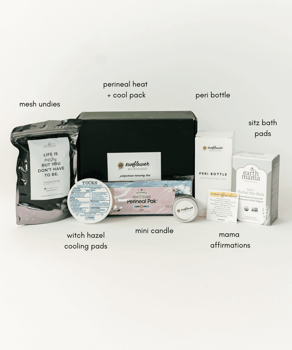 Collection of postpartum care products with labels.
