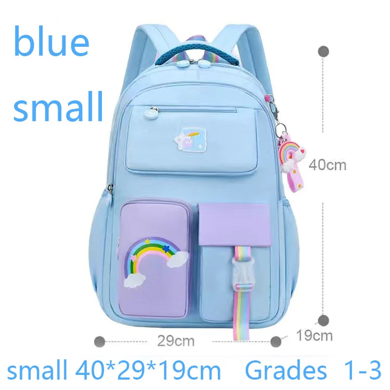 Blue children's backpack with rainbow designs and measurements.
