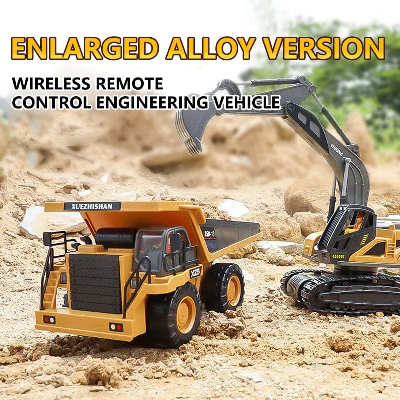 Two toy construction vehicles on a sandy surface with text about an enlarged alloy version and wireless remote control.