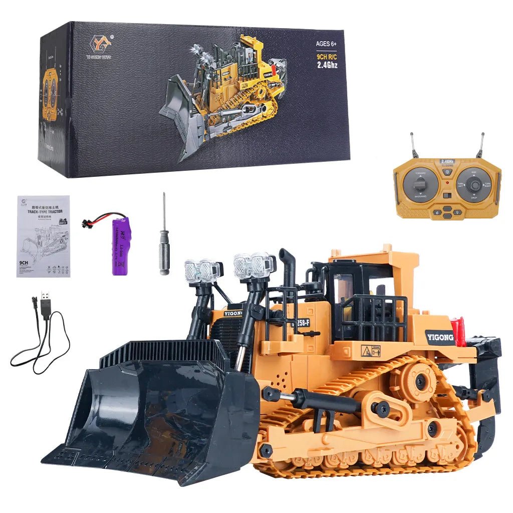 Toy bulldozer with remote control, battery, and accessories