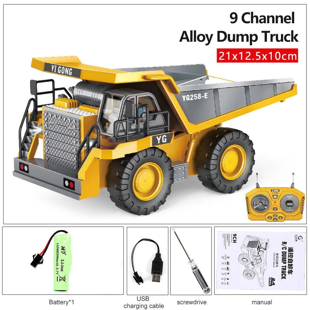 9 Channel Alloy Dump Truck with remote control, battery, charging cable, screwdriver, and manual.