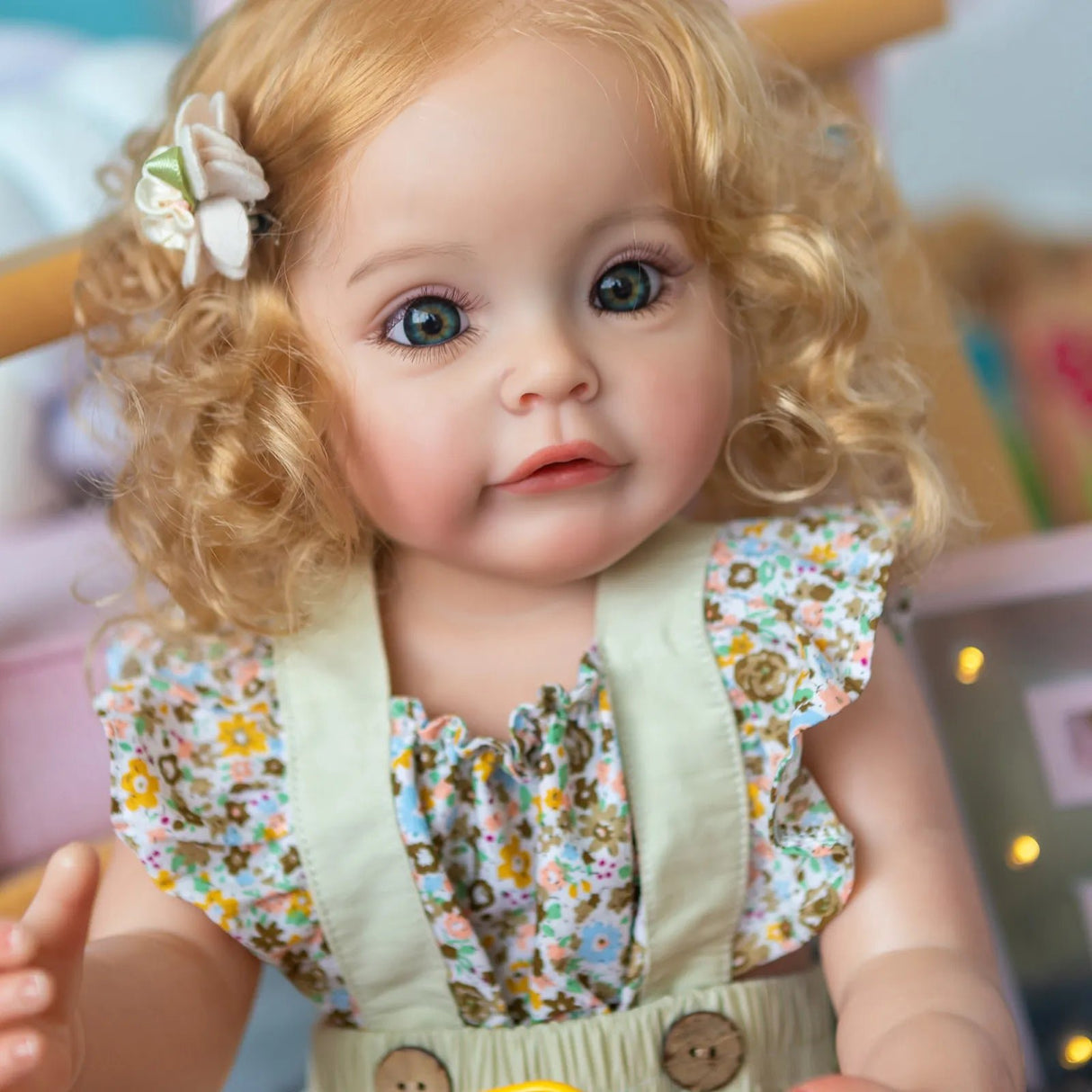 Baby doll with blonde hair and floral outfit in a blurred indoor setting