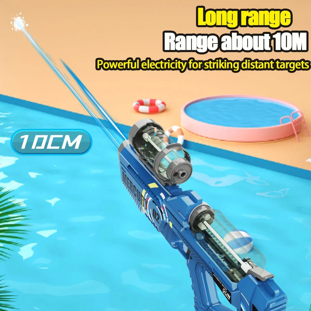 Blue pool toy with electric propulsion system on a pool background, featuring text about long-range capability.